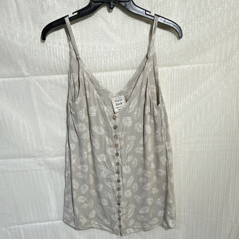 Style Rack Small Beige Leaf Print Button Front Camisole Tank Adjustable Straps